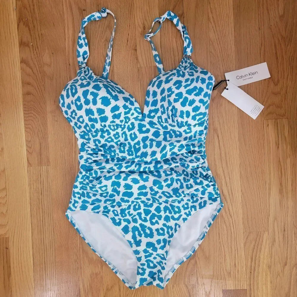 Calvin Klein Women's Aegean Blue Leopard Mio Over Shoulder Molded Cup Sw… - Picture 3 of 11